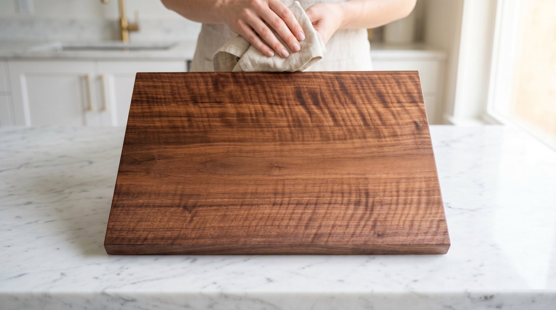 Solid walnut 12x18 face-grain cutting and serving board, top view on counter