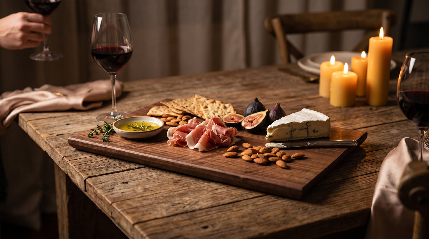 Charcuterie spread served on the solid walnut board