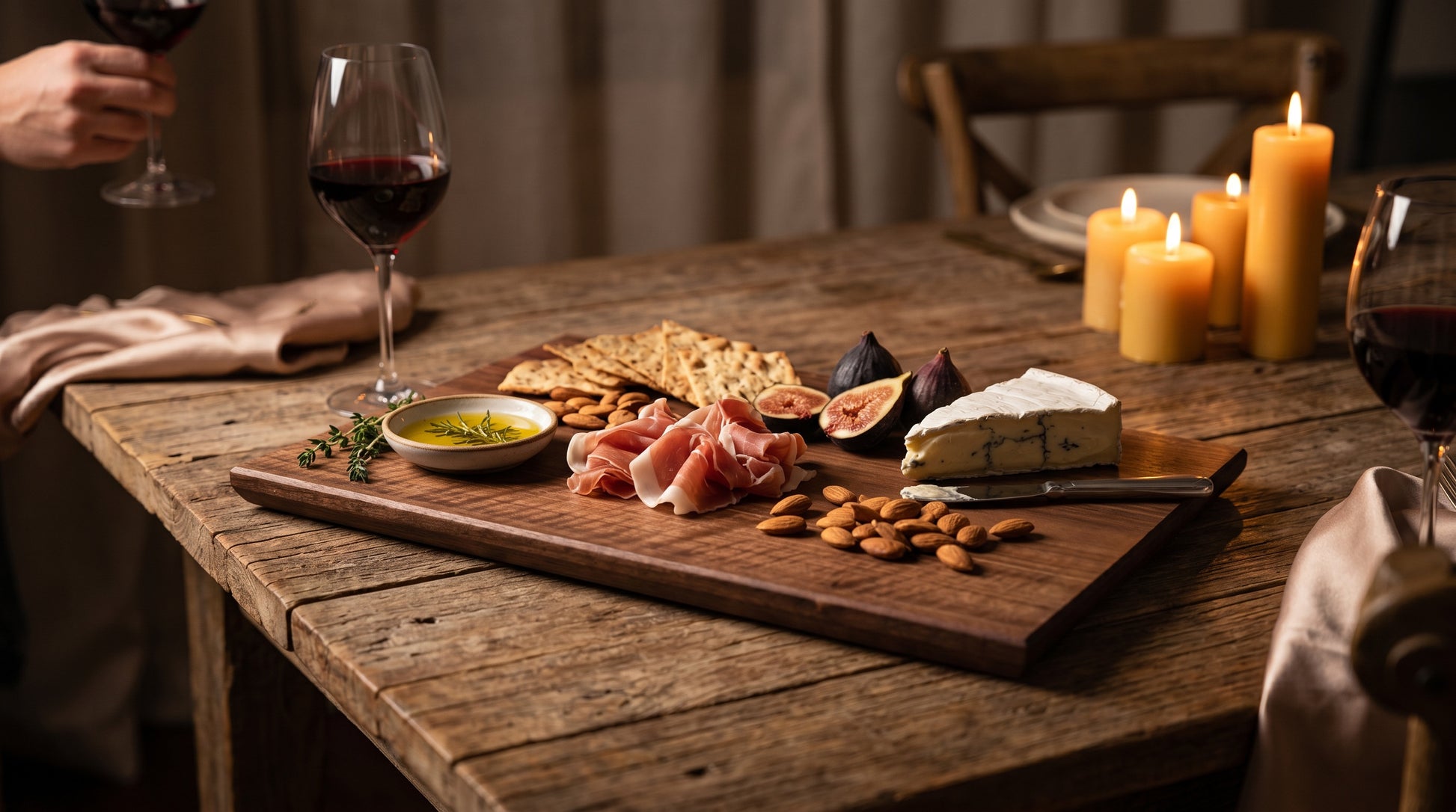 Charcuterie spread served on the solid walnut board