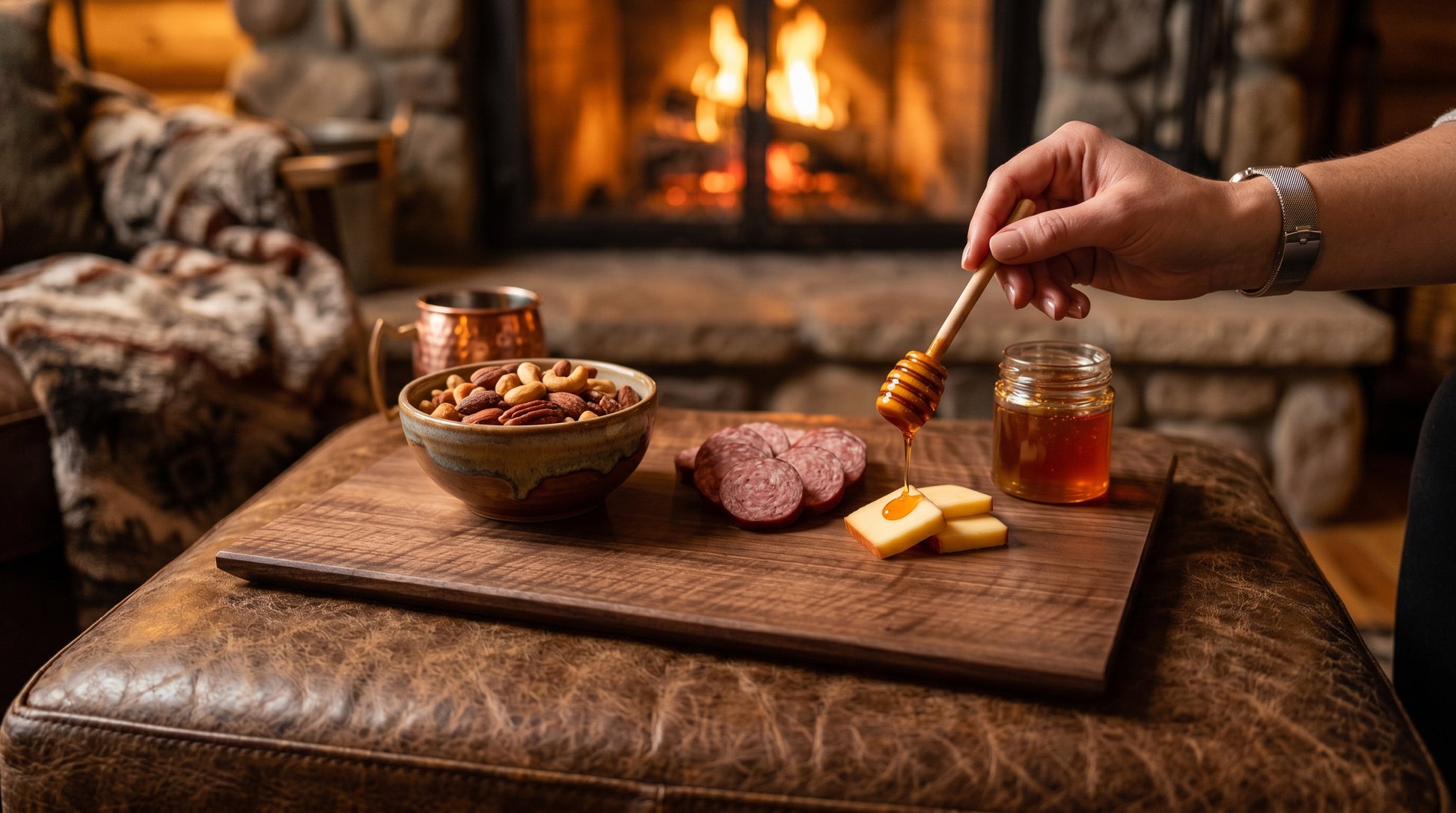 Solid walnut board styled with charcuterie by the fireside