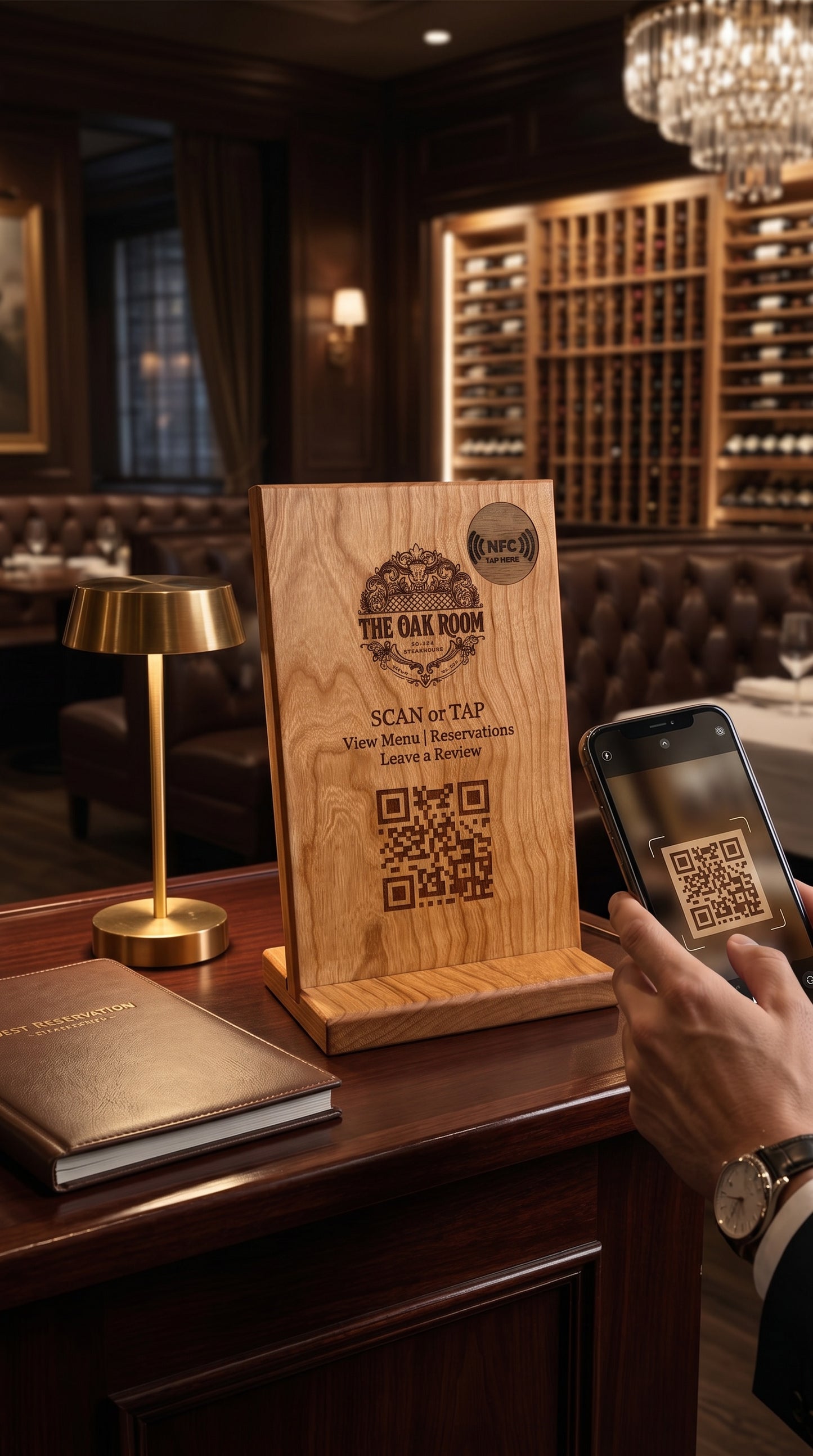 Hand scanning QR code on cherry hardwood tabletop restaurant menu sign with iPhone