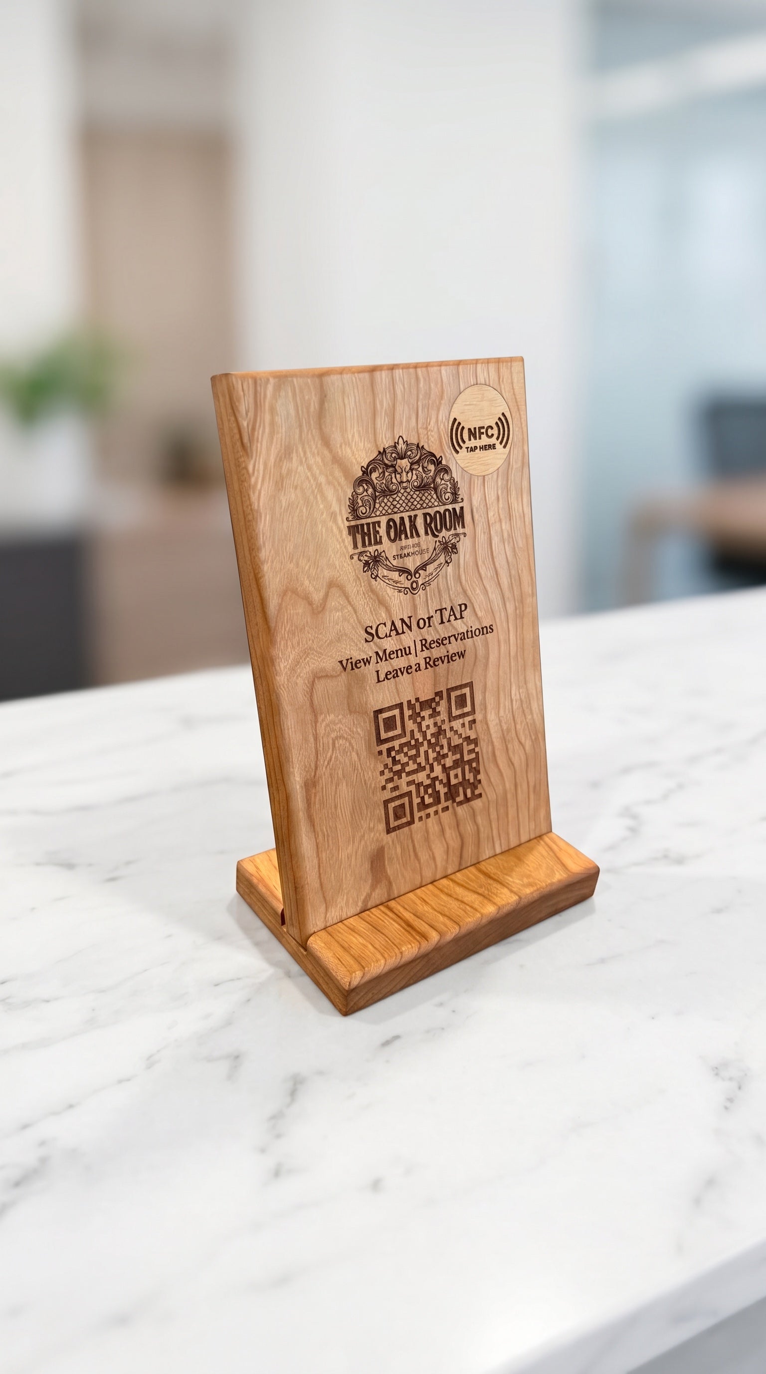 Hard maple countertop NFC sign with laser-engraved logo on kitchen marble counter