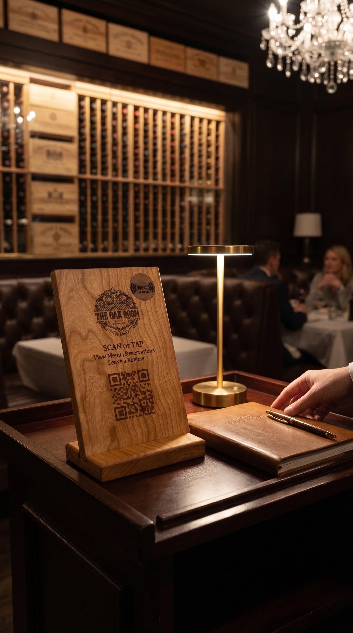 Hard maple restaurant countertop QR menu sign with brass table lamp and leather reservation journal