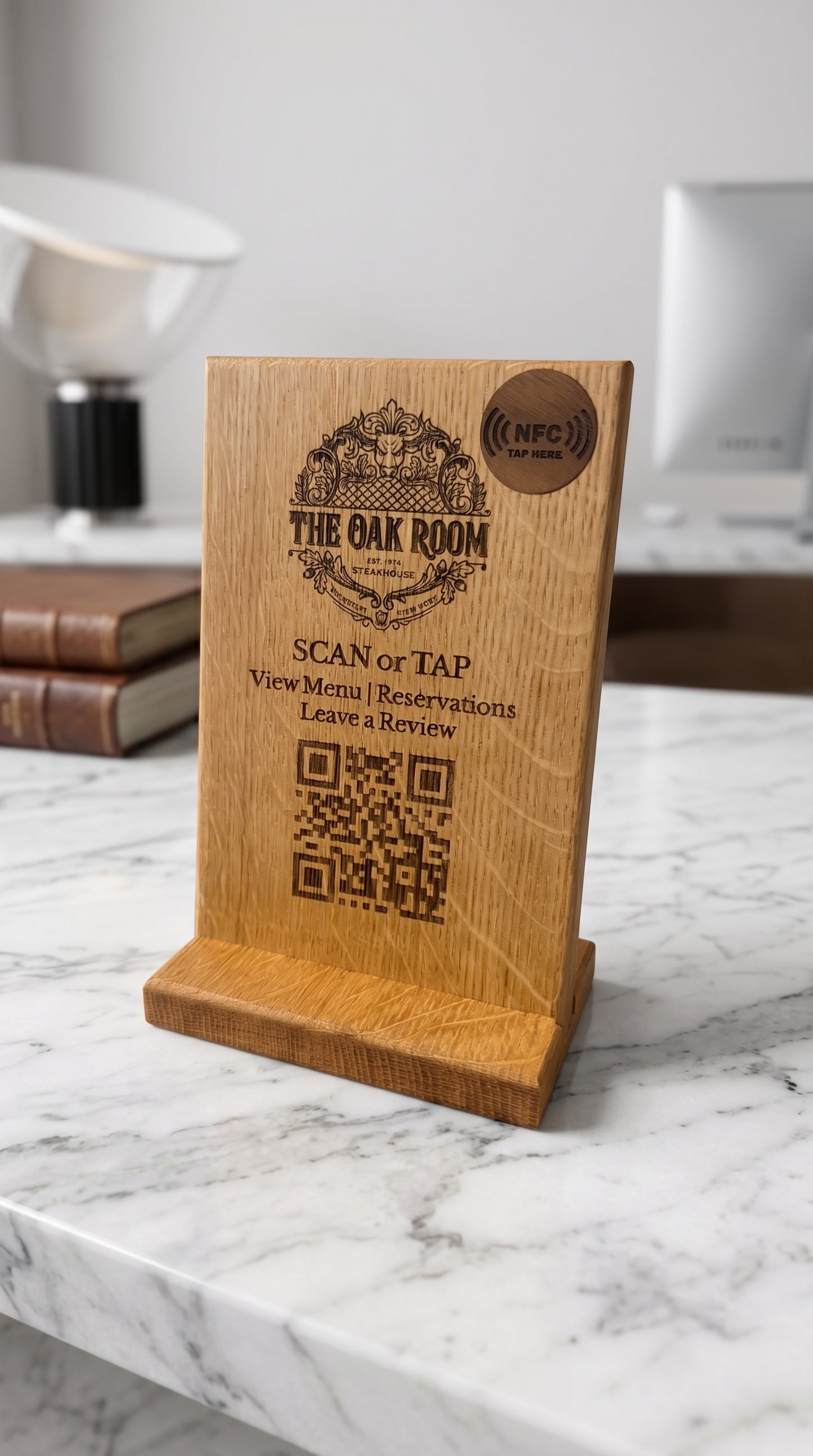 Quarter-sawn white oak countertop NFC review sign on marble office desk