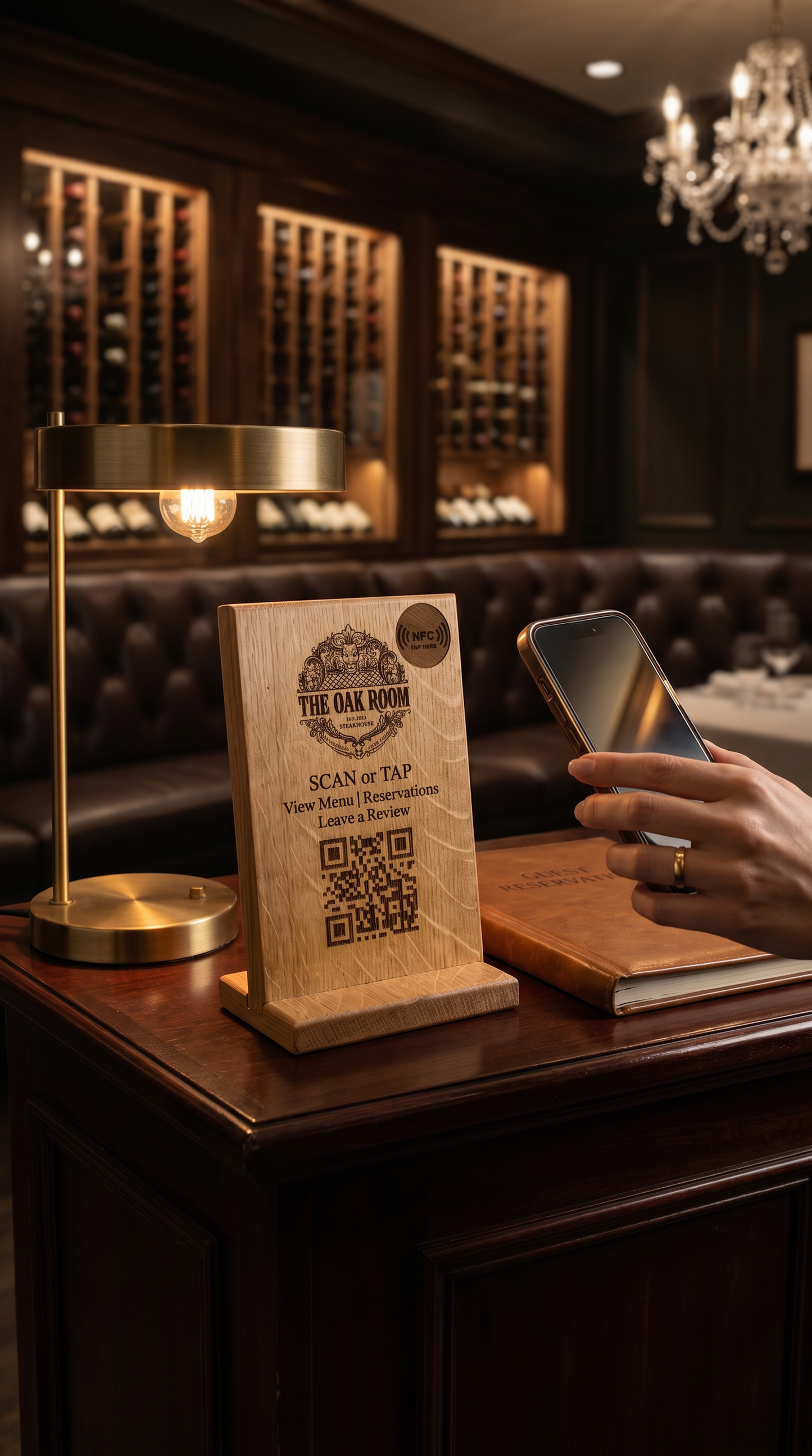 White oak countertop NFC and QR review sign in upscale steakhouse wine cellar setting
