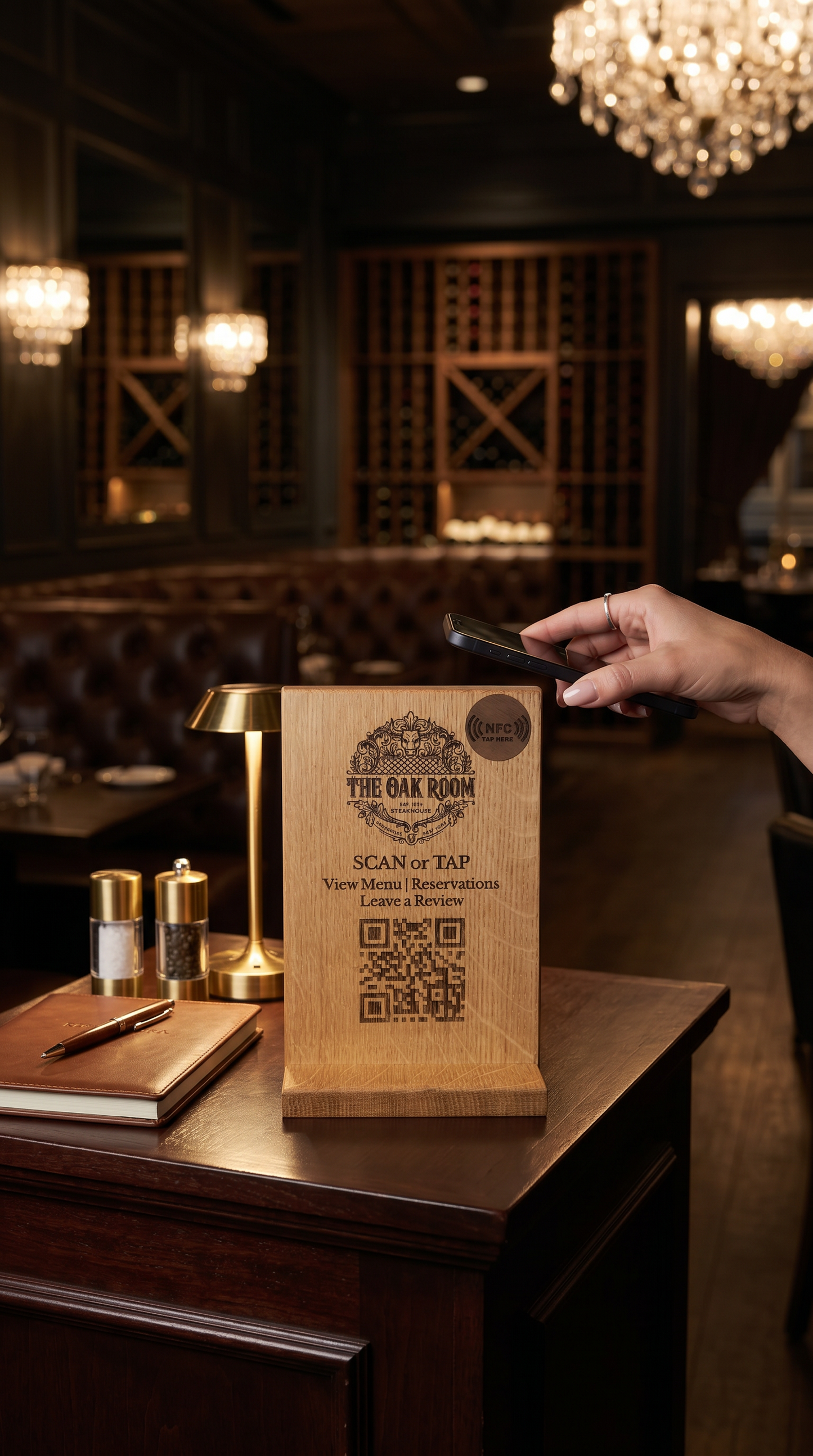 Guest tapping phone to NFC inlay on hardwood countertop review sign in upscale steakhouse