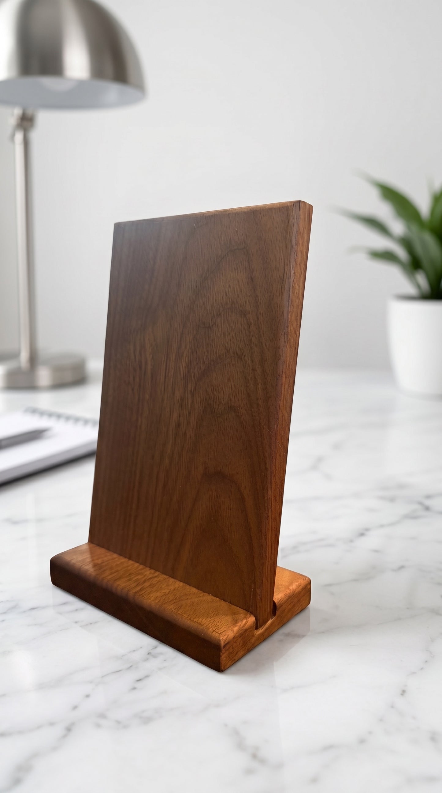 Solid walnut hardwood countertop sign on marble desk with brushed metal lamp and green plant in soft-focus background