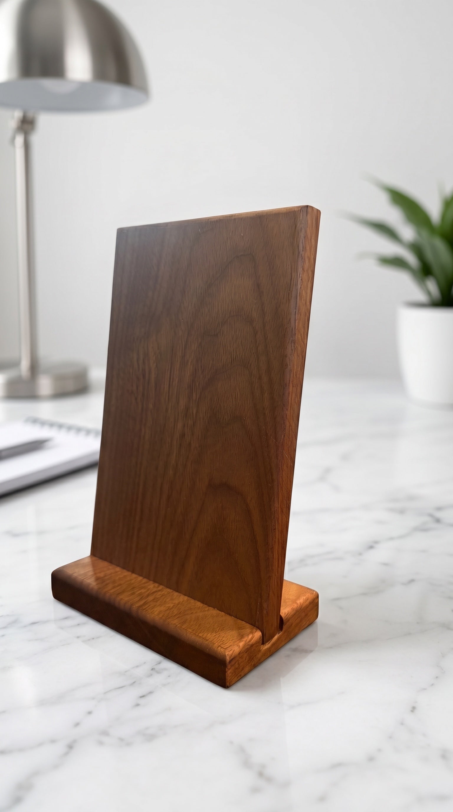 Solid walnut hardwood countertop sign on marble desk with brushed metal lamp and green plant in soft-focus background